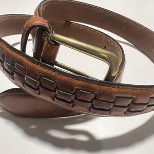 Full Grain Cowhide Leather Belt Woven Overlay Size 36 Brown Solid Brass Buckle